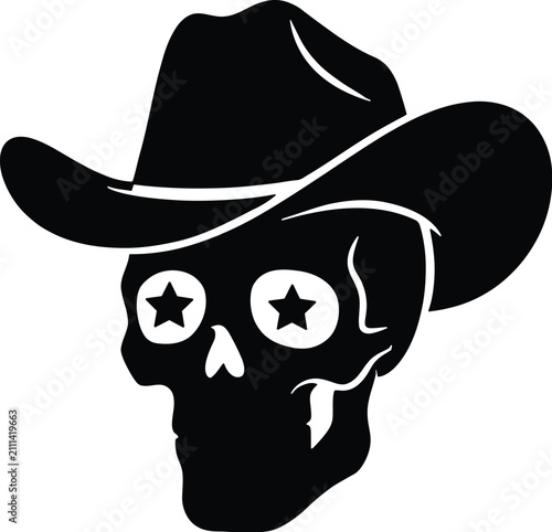 Принти на полотні Cowboy skull vector icon, western outlaw skull with stars, black silhouette