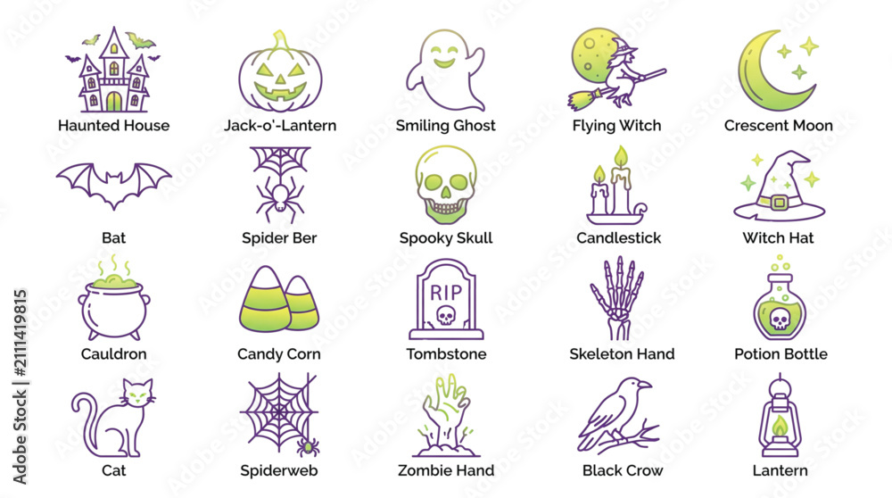Fototapeta premium Modern Halloween Vector Icon Collection Premium Spooky Symbols Isolated on White Background
