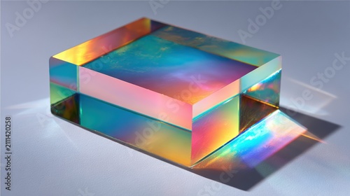 Rectangular glass prism refracting colorful rainbow light