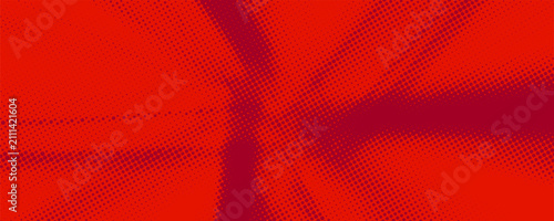 Modern red and crimson pop art background with halftone dots in comic style, vector illustration