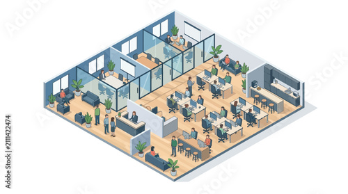Isometric illustration of a modern open plan office layout