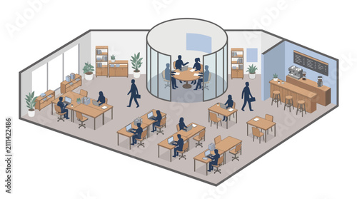 Isometric Illustration of People Working in Modern Office