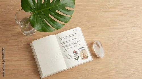 Open botanical journal with monstera leaf and crystal.