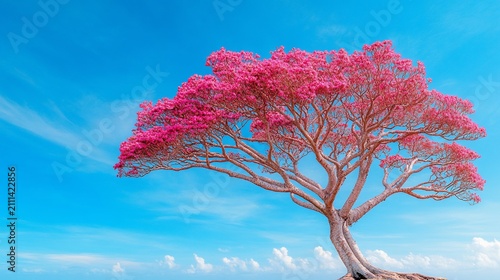 Pink-blossomed tree stands against a vivid blue sky with wispy clouds backdrop