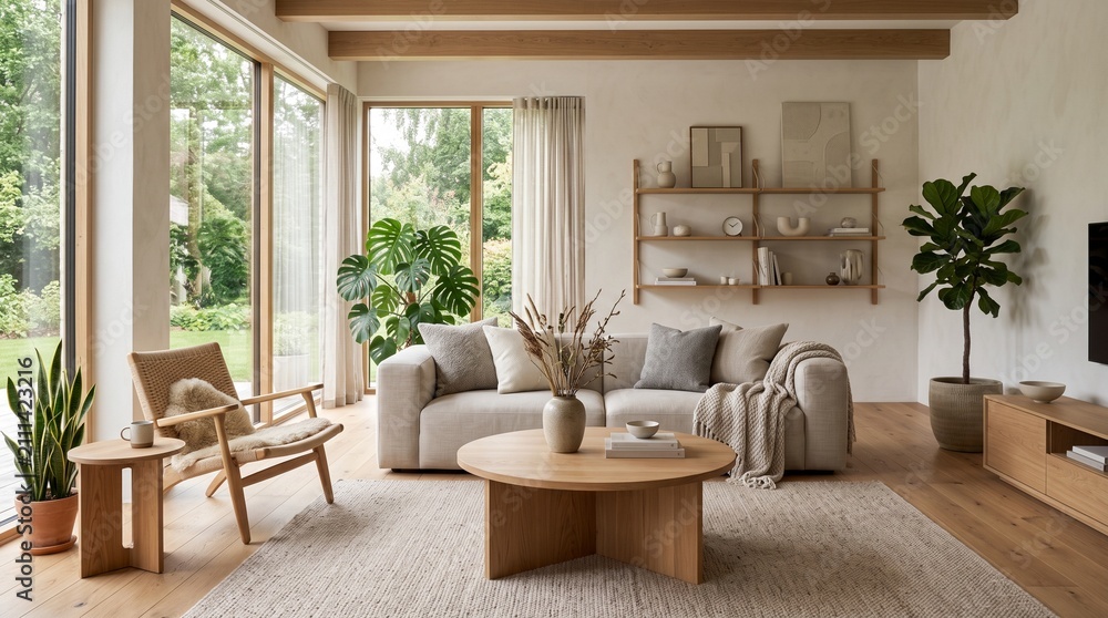 Fototapeta premium Modern Scandinavian Living Room with Natural Light and Lush Greenery