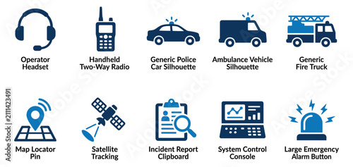 Obraz na plátně Set of emergency service icons featuring police car ambulance fire truck radio headset and dispatch tools Minimal solid fill icon set bundle collection