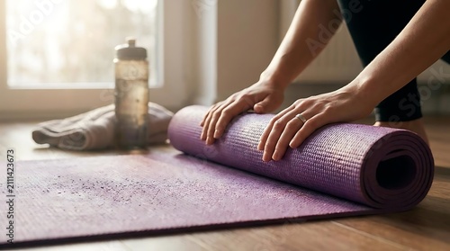 Hands rolling up purple yoga mat on wooden floor.
