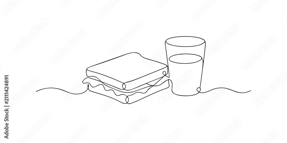 Obraz premium Single line abstract sandwich and milk. Continuous line drawing of a sandwich served with a glass of milk. Healthy breakfast meal. One line vector illustration.