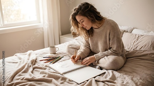 Woman drawing in sketchbook while sitting on bed
