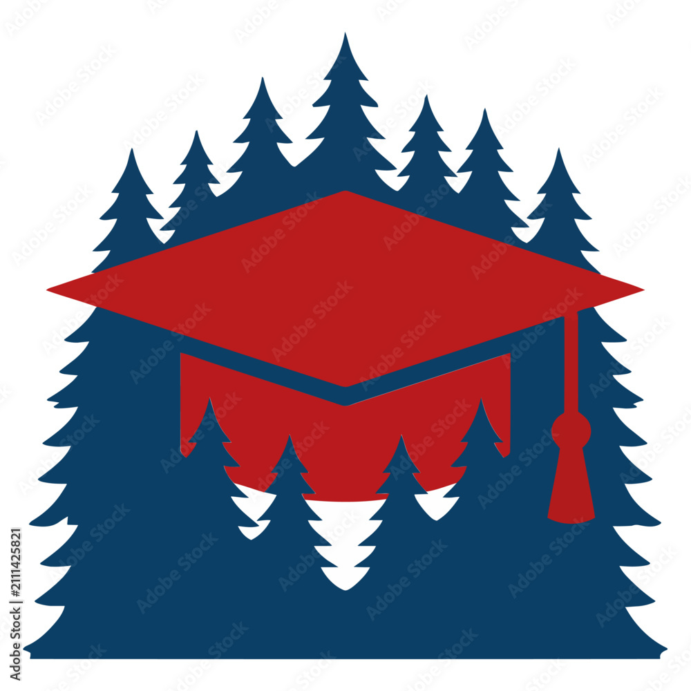 Obraz premium A modern emblem featuring a red graduation cap overlaid on a silhouette of pine trees. Ideal for outdoor education, training, or nature-themed branding.