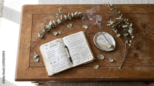 Open journal with incense and dried eucalyptus on table.