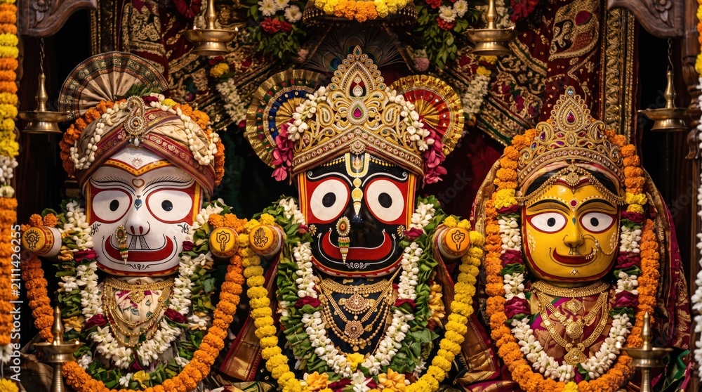 Fototapeta premium Traditional decorated idols of deities in a temple shrine with religious, hinduism