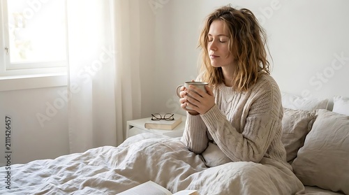 Woman holding mug in bed during cozy morning.