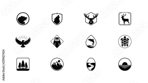 Obraz na płótnie Black and white minimalist wildlife and nature emblematic icons set with natural