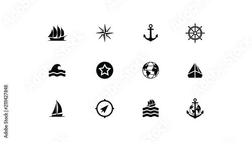 Konstfotografi Twelve classic black and white nautical and travel symbols vector illustration s