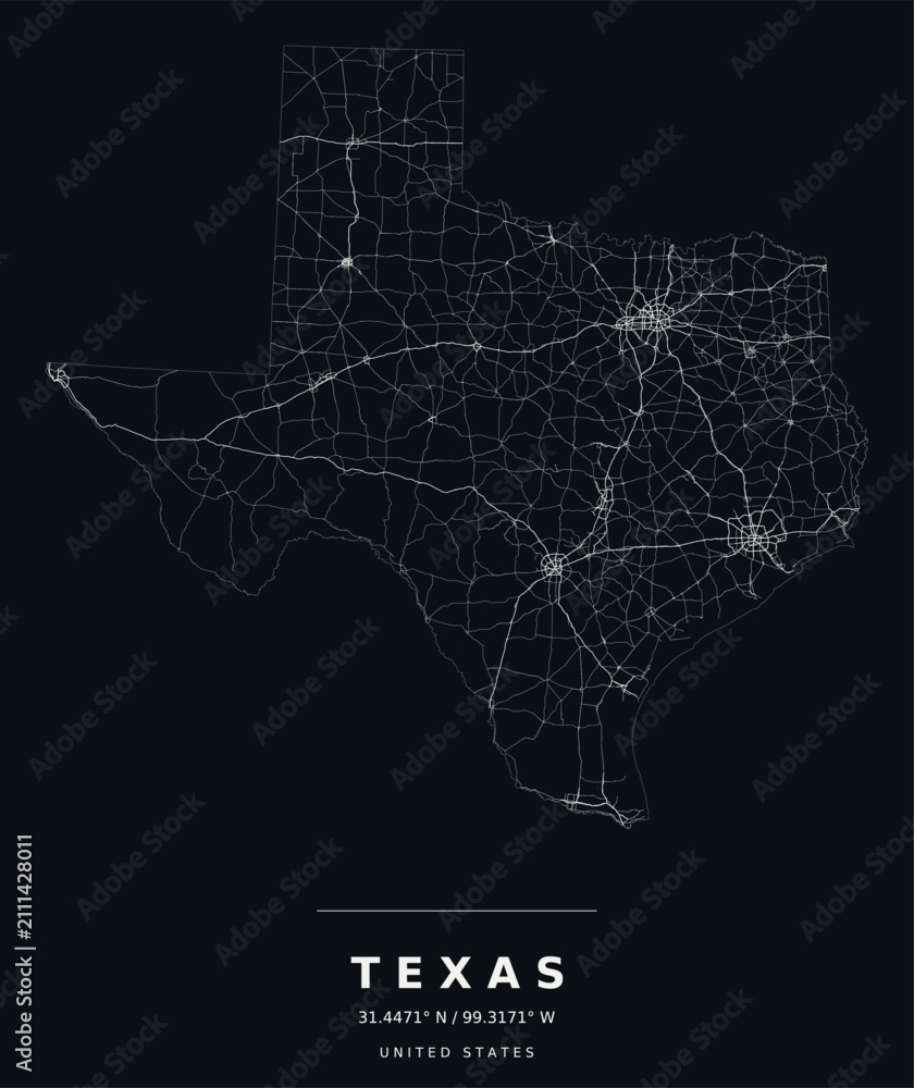 Obraz premium Texas Minimalist Highway Map Silhouette Poster, White on Black
