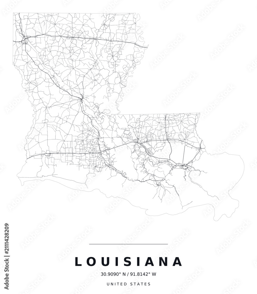Fototapeta premium Louisiana Minimalist Highway Map Silhouette Poster, Black and White