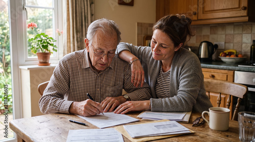 Adult Daughter Helping Her Elderly Father with Paperwork at the Kitchen Table, Seniors Daughter And Father Old Daughter And Old Father
