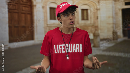 Foto Man wearing red lifeguard shirt and cap with visible whistle, palms up pleading gesture on a cobbled street in front of stone arches; confusion duty