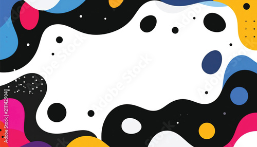 Abstract organic shapes and dots on black and white background, vibrant color blobs, modern design elements