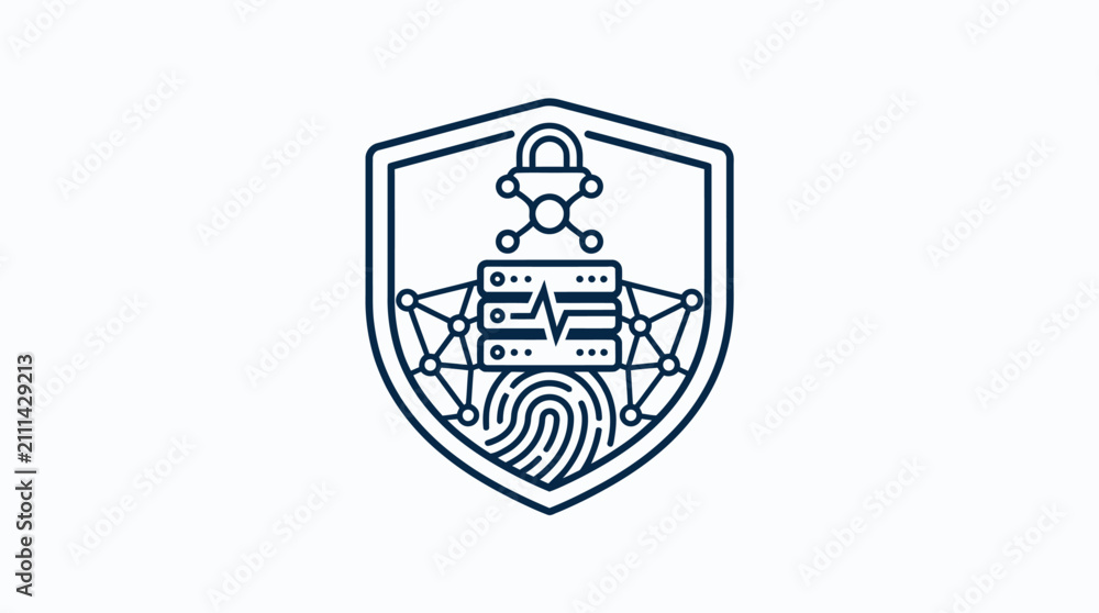 Fototapeta premium Cybersecurity Shield with Fingerprint Server and Padlock Icon.