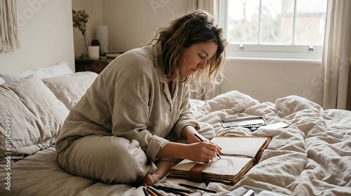 Woman journaling while sitting on bed at home.