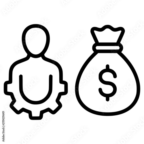 Business person icon next to a sack of money currency symbol with business
