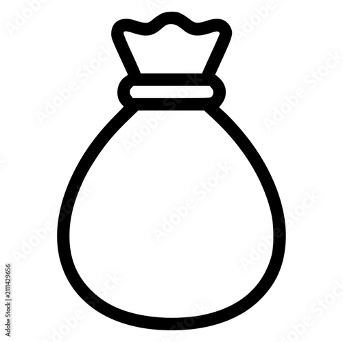 Simple line art icon of an empty money sack tied at the top with currency