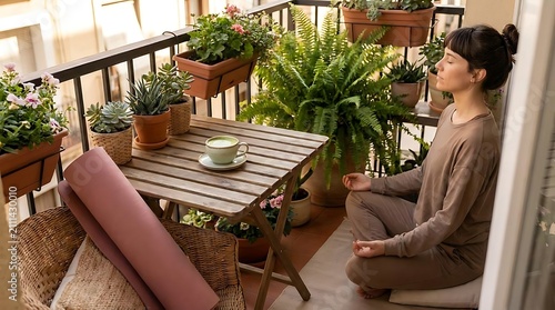 Woman meditating on balcony surrounded by green potted plants.