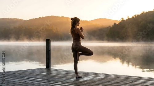 Woman performing yoga on dock at misty sunrise lake.