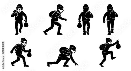 Foto Black silhouette icons of robbers running with loot bags