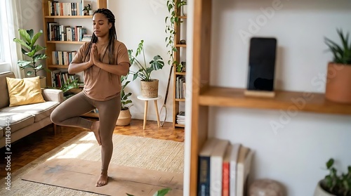 Woman practicing tree pose yoga in minimalist living room