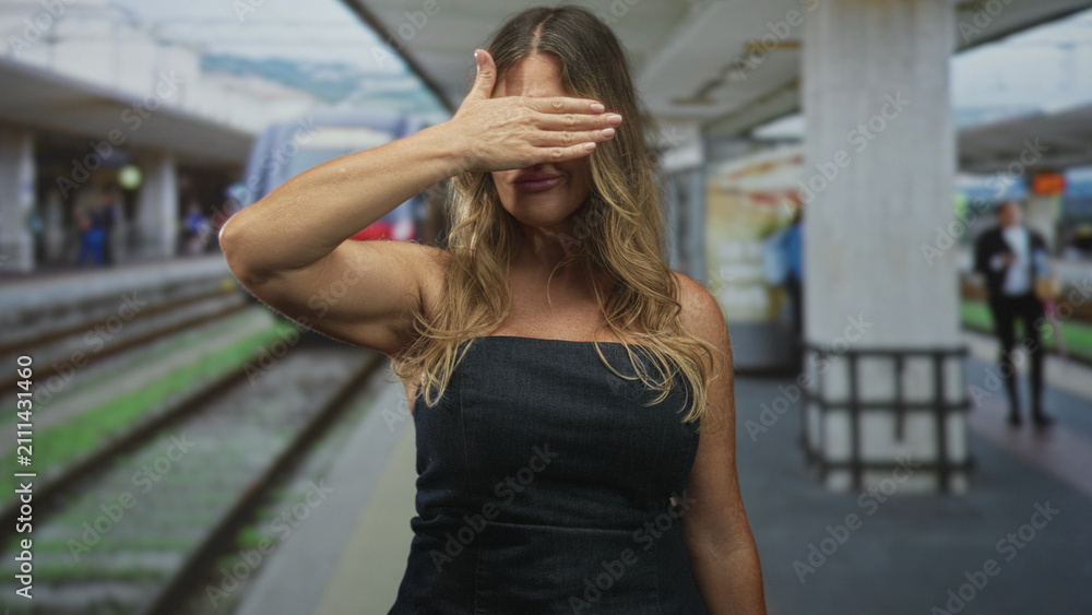 Fototapeta premium Woman wearing glasses covers eyes with her hand on a train platform in building beside an arriving train; private contemplation.