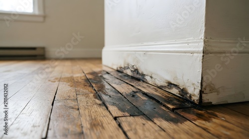 Water damaged wooden floor and baseboard in a residential home interior requiring professional repair and restoration services