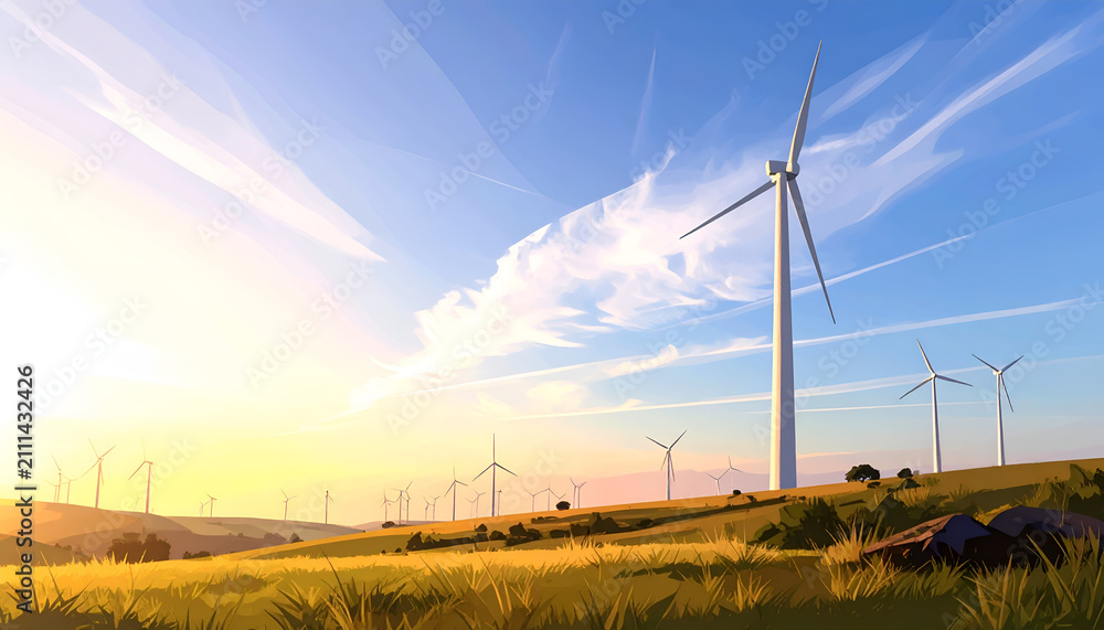 Obraz premium Wind Turbines Generating Clean Energy in a Golden Sunset Landscape.