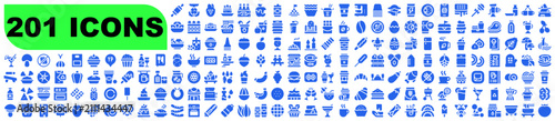 Fotografie Blue gastronomic icon set with organic food, desserts, drinks, and cooking utens