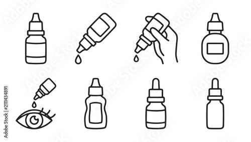 Eye drop medication and treatment icon set with medicine treatment ophthalmology optometry pharmacy application clinical pharmaceutical solution container monochrome collection pictogram