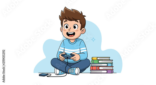 Happy boy sitting cross-legged and playing video games with a controller, with a stack of books next to him.