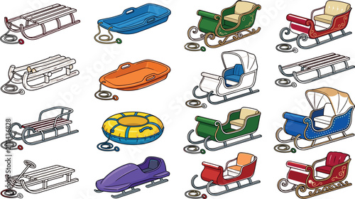 Foto Sled and Sleigh Vector Icon Set with Winter Snow Toboggans Plastic Sliders Infla