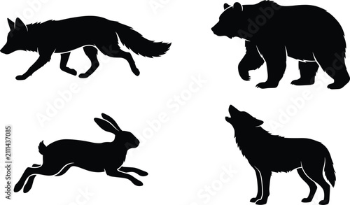 Photography Silhouettes of fox bear rabbit and wolf animal illustration