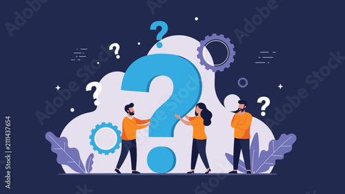 Business team searching for smart answers and strategic solutions around a giant question mark concept illustration.