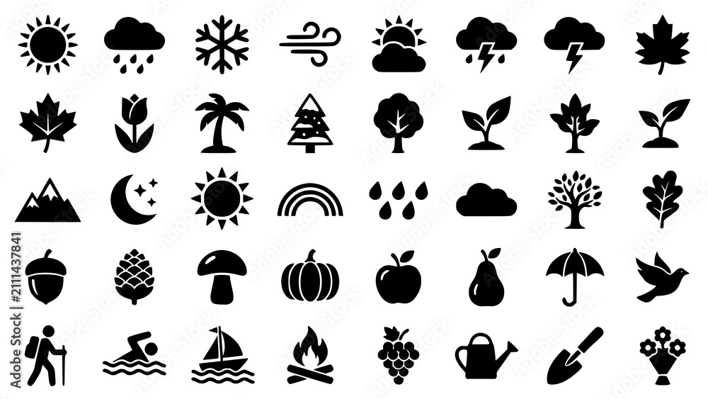 Obraz premium Set of black weather nature and seasonal activity icons on white background
