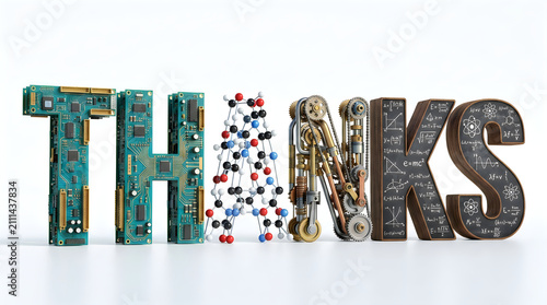 Thanks word composed of technology and science materials with technology molecule lettering typography