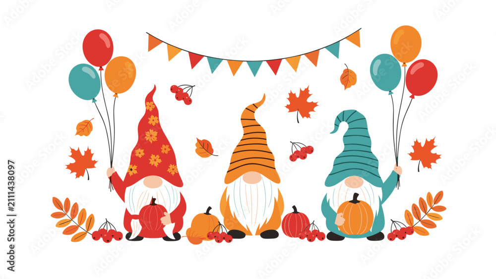 Fototapeta premium Cute autumn gnomes holding colorful balloons and pumpkins surrounded by falling maple leaves and garlands.