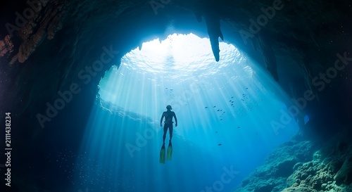 A scuba diver swims through a sunlit underwater cave with clear blue water and rocky formations.