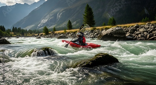 A kayaker navigates through rough waters in a scenic mountainous landscape with rocky shores and evergreen trees.