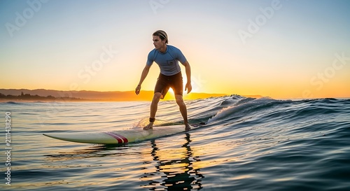 A man surfing on a wave during a beautiful sunset over the ocean
