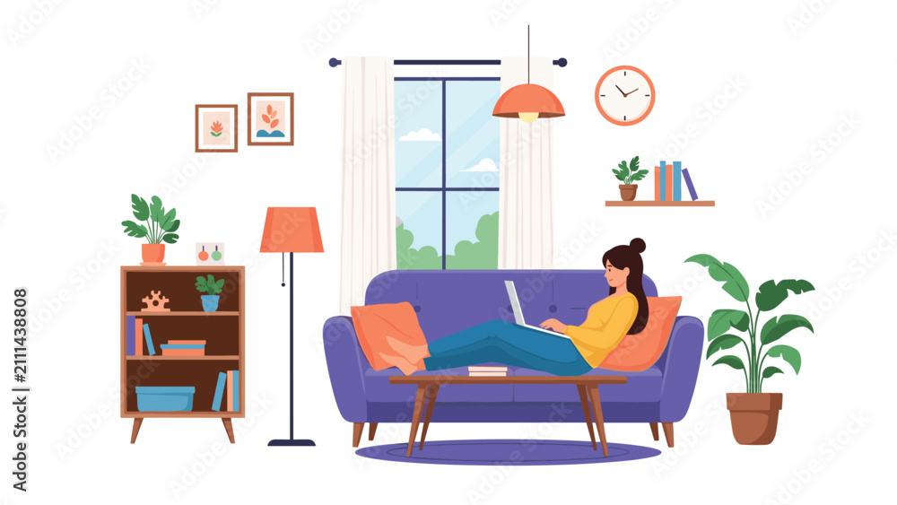 Fototapeta premium Young woman relaxing on a cozy purple sofa while working on her laptop in a beautifully decorated living room.