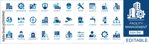Facility management icon set. Featuring maintenance, security, safety, and  property, repair service. Vector icons for business.