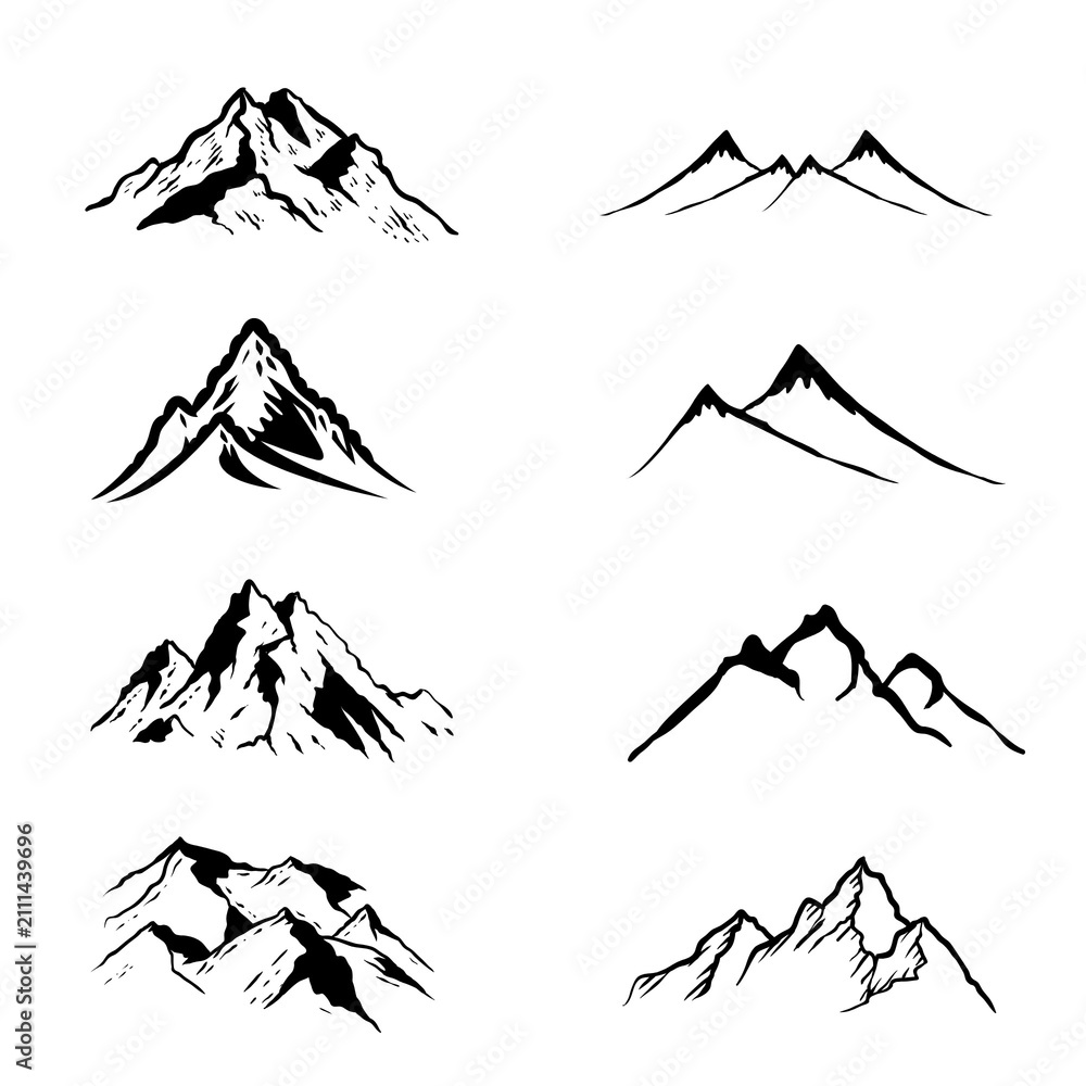 Fototapeta premium Set of black and white mountains doodle art isolated on transparent background, PNG illustration